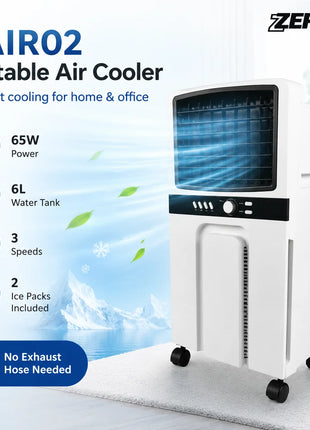 Raffrescatore d'Aria Portatile 6L 65W, Condizionatore Evaporativo a 3 Velocità con Ventola di Raffreddamento ad Acqua e Ruote per Casa, Camera da Letto, Ufficio