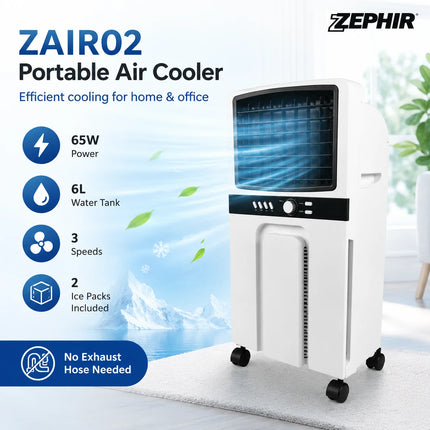 Raffrescatore d'Aria Portatile 6L 65W, Condizionatore Evaporativo a 3 Velocità con Ventola di Raffreddamento ad Acqua e Ruote per Casa, Camera da Letto, Ufficio