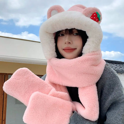 New Fashion Scarf Hat Glove Women Cute Big Ear Bunny Beanie Winter Warm Soft Thickening Pocket Warm Ear Hats Hooded Skullie Caps