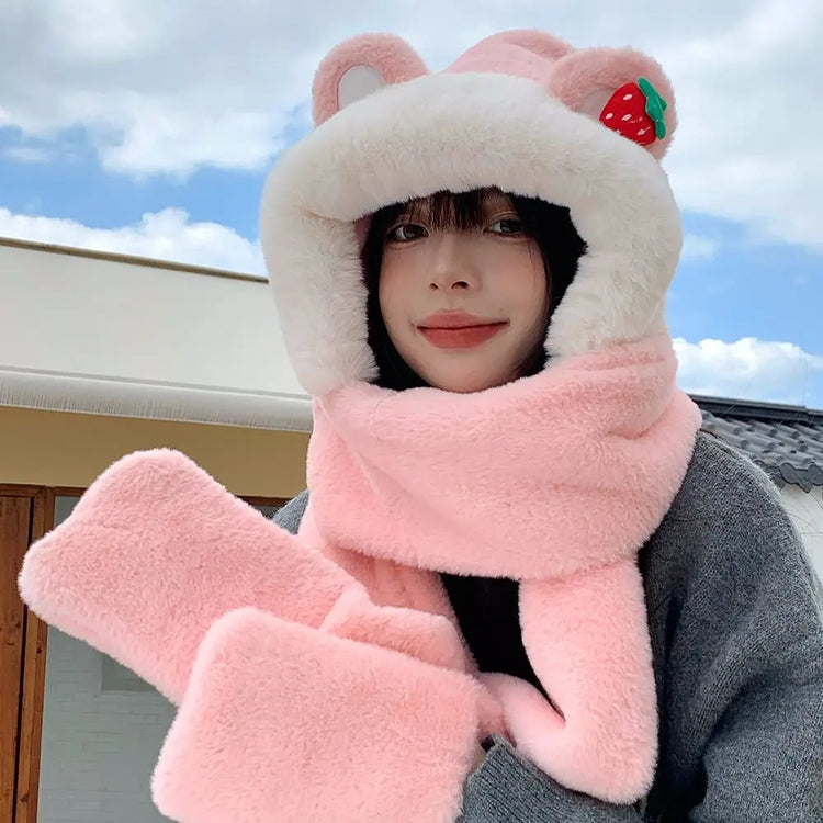 New Fashion Scarf Hat Glove Women Cute Big Ear Bunny Beanie Winter Warm Soft Thickening Pocket Warm Ear Hats Hooded Skullie Caps