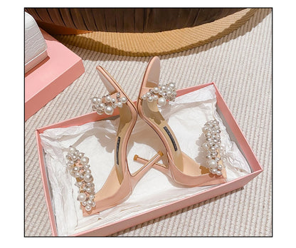 Summer new leather pearl ribbon sexy open-toe wedding shoes thin high-heeled banquet dress small size bag heel women's sandals