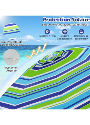Ombrellone da Spiaggia Portatile 198cm con Protezione UV, Rivestimento Argentato, Perno Inclinabile, Ancoraggio per Sabbia, Palo in Alluminio, Pieghevole, Parasole da Giardino per Esterni