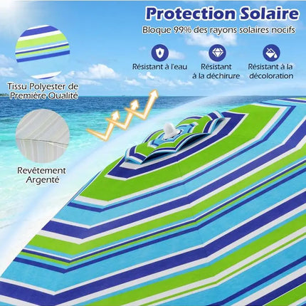 Ombrellone da Spiaggia Portatile 198cm con Protezione UV, Rivestimento Argentato, Perno Inclinabile, Ancoraggio per Sabbia, Palo in Alluminio, Pieghevole, Parasole da Giardino per Esterni
