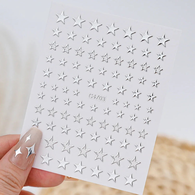 6Sheets Metallic Silver 3D Nail Art Stickers Self‑Adhesive Decals Star Chain Heart Pattern for DIY Manicure Nail Decor Accessories
