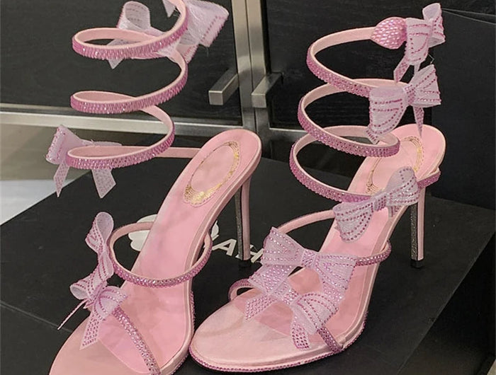 Aneikeh Elegant Pink Wedding Shoes CRYSTAL Bow High Heels Sandals Woman Summer Ankle Strap Thin High Heels Open Toed Party Shoes PlatiNum