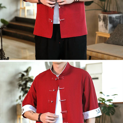 Nuovo gru ricamo top abbigliamento tradizionale cinese per uomo camicie vintage in lino a mezza manica colletto Madarin solido Hanfu Kungfu