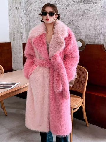 ZADORIN New Spliced Oversize Belted Long Faux Fur Coat Woman Winter Clothes Furry Jacket Fur Faux Coat New in Coats & Jackets