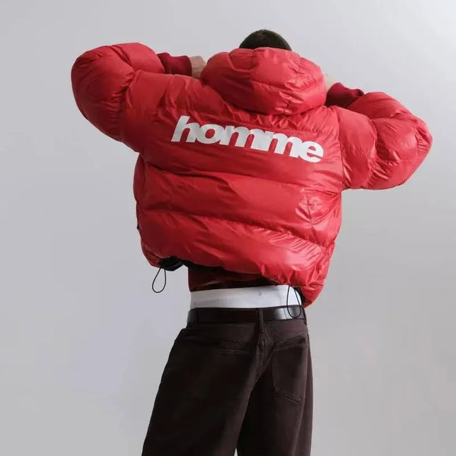 Men Shiny Puffer Jacket Back Homme Letter Print Hooded Down Coat Oversized Warm Winter Couple Bubble Coat Black White Unisex New