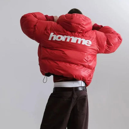 Men Shiny Puffer Jacket Back Homme Letter Print Hooded Down Coat Oversized Warm Winter Couple Bubble Coat Black White Unisex New