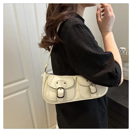 Fashion Pu Leather Women's Shoulder Bag Small Double Pocket Design Ladies Underarm Bags Y2k Vintage Female Handbags Clutch Purse PlatiNum