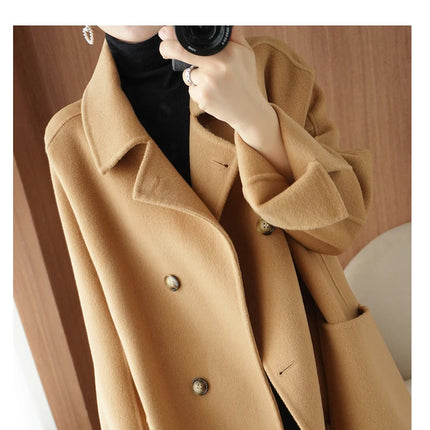 Ladies' 100% Cashmere Thick Double-Sided Extended Coat, Classic, Versatile and Fashionable for Business and Leisure