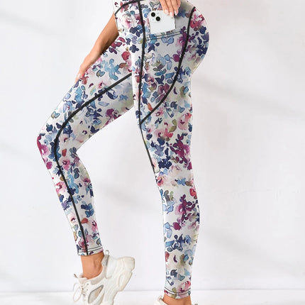 Printed women's high waistband pocket fitness pants paired with tight abdominal yoga pants, suitable for running, hiking, and sp PlatiNum