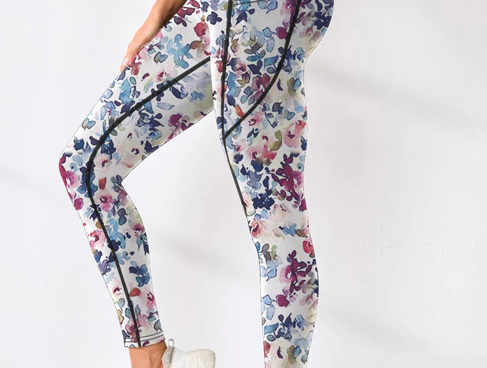 Printed women's high waistband pocket fitness pants paired with tight abdominal yoga pants, suitable for running, hiking, and sp PlatiNum