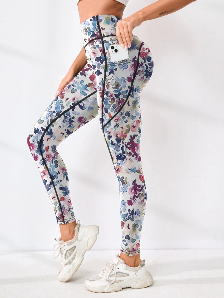 Printed women's high waistband pocket fitness pants paired with tight abdominal yoga pants, suitable for running, hiking, and sp PlatiNum
