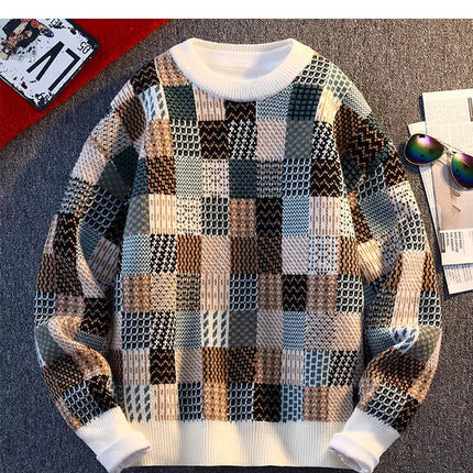 New Fashion Men Plaid Pullover Winter Sweaters Outwear Loose Casual Knitted Sweaters Male O-neck Pullovers Sweatercoats Size 4XL