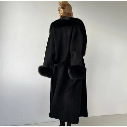 Retro Black Fur Patchwork Woolen Coat Women Chic Full Sleeve V-neck Lace Up Loose Long Overcoat 2025 Lady Winter Commute Outwear