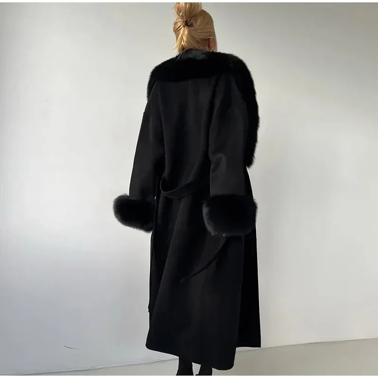 Retro Black Fur Patchwork Woolen Coat Women Chic Full Sleeve V-neck Lace Up Loose Long Overcoat 2025 Lady Winter Commute Outwear
