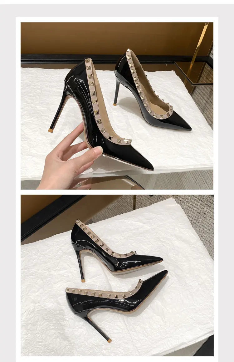 Women's High Heels Black Genuine Leather Rivet Pointed toe pumps luxury designer high quality Shoes Elegant woman heeled shoes