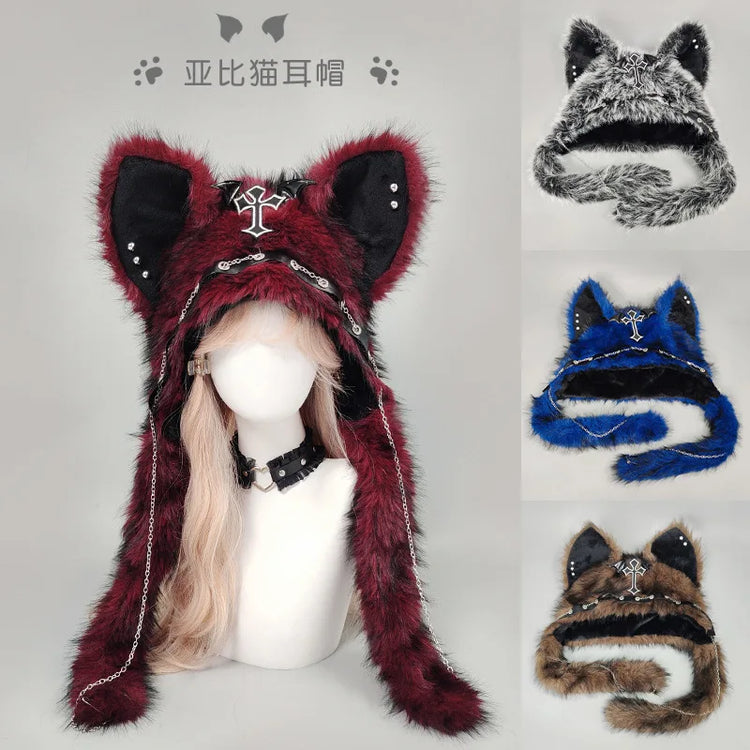 Cat Ear Hat, Punk Style Rock Autumn and Winter Warm Hat, Dark Gothic Style Winter Plush Hat