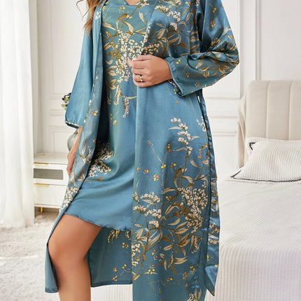 Set di 2 Pezzi: Elegante Pigiama Stampato da Donna con Vestaglia Lunga e Camicia da Notte in Raso, Stampa Casuale, Comodo Abbigliamento per Casa