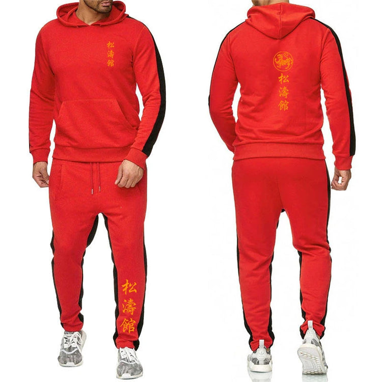 2025 Spring Autumn Shotokan Karate Print Men's Solid Color Hooded Tracksuit Pullover Hoodies+Casual Sweatpants High Street Sets PlatiNum