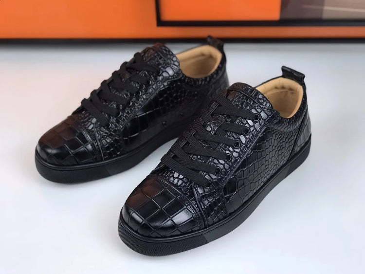 Luxury Men's Rivets Low Top Black Crocodile Pattern Leather Red Bottom Sneakers Casual Boat Shoes White Sole Fashion Footwear