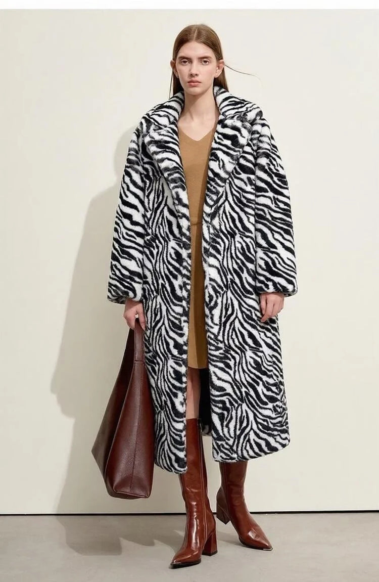 ZADORIN Elegant 130cm Long Furry Faux Rabbit Fur Coat Woman Y2K Clothes Leopard Lapel Faux Fur Jacket Woman Winter Fur Faux Coat