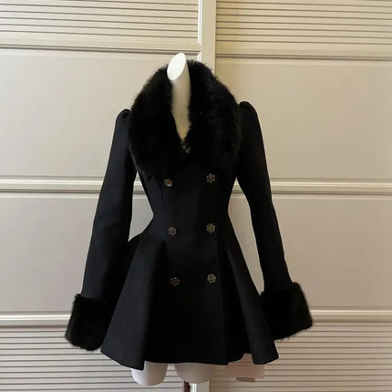 Winter Hepburn Black Fur Collar Woolen Coat French Style Vintage Blends Slim Mid-length Outwear Elegant Lolita Warm Outfits New