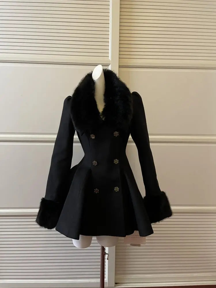 Winter Hepburn Black Fur Collar Woolen Coat French Style Vintage Blends Slim Mid-length Outwear Elegant Lolita Warm Outfits New