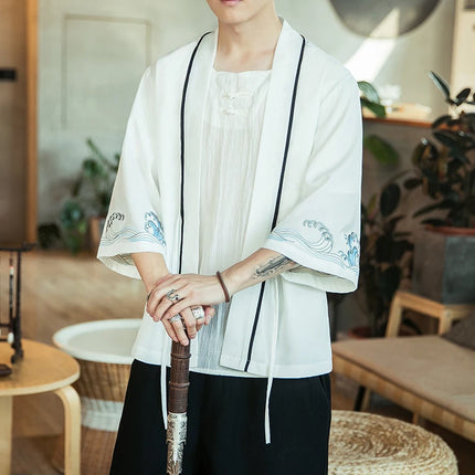 Japan Samurai Shirt uomo ricamato Kimono giapponese manica corta Cardigan uomo estate sottile moda Casual Yukata Cardigan Top uomo
