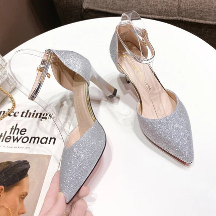 Bling Gold Silver Women Pumps 2023 Sexy Point Toe Thin Heel Party Wedding Shoes Womens Summer Ankle Strap 8cm High Heels Shoes PlatiNum