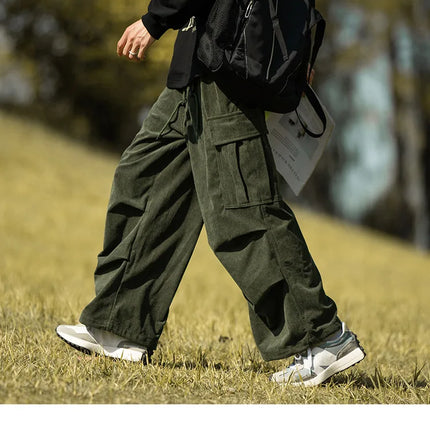 2025 autumn and winter new retro brown corduroy multi pocket workwear pants for men, loose drawstring elastic waist pants