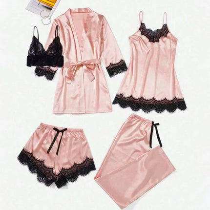 5 pezzi pigiama da notte in raso da donna set accappatoio lingerie sexy accappatoio abito da notte in seta di pizzo pantaloni indumenti da notte vestiti per la casa PJ
