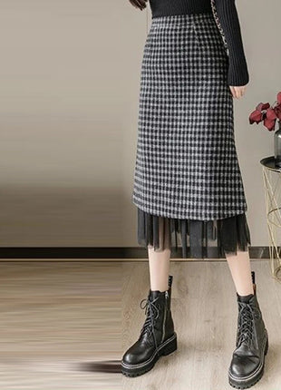 Woolen plaid skirt autumn and winter 2025 new plaid foreign style small man a word hip wrap medium and long skirt PlatiNum