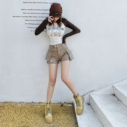 High Waisted Cargo Shorts Chic Khaki Denim Shorts with Pockets Sexy Girl Summer Outfits for Women