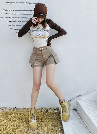 Pantaloncini cargo a vita alta Pantaloncini jeans con tasche chic kaki Abiti estivi per ragazza sexy per donna