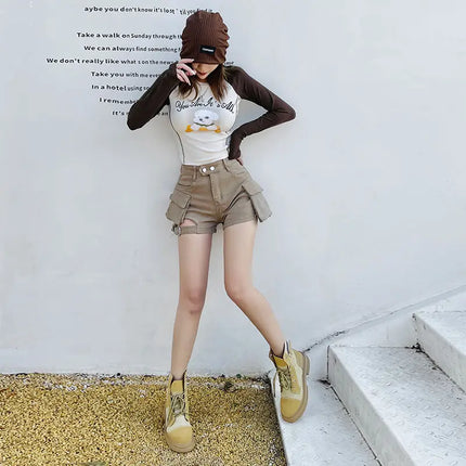 High Waisted Cargo Shorts Chic Khaki Denim Shorts with Pockets Sexy Girl Summer Outfits for Women