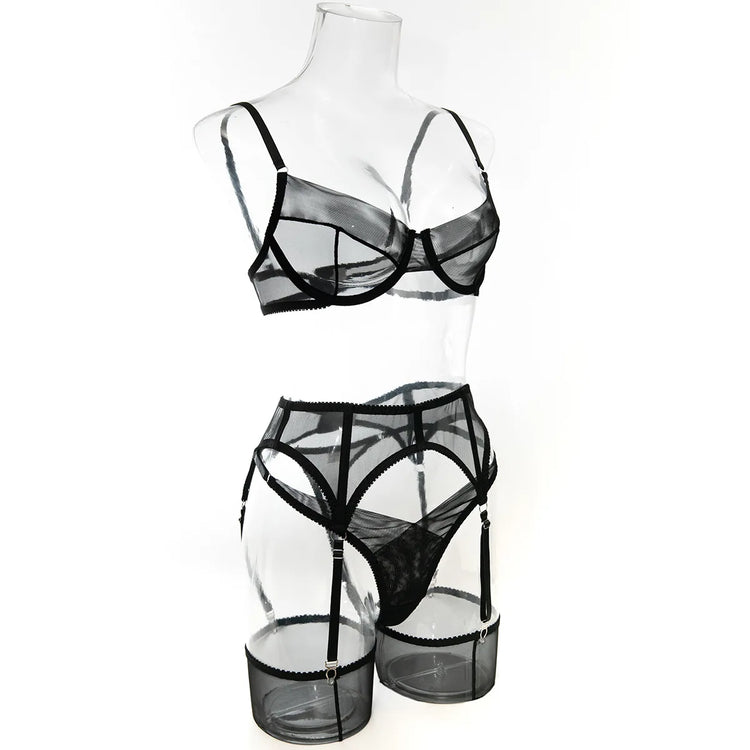 Luxury Dark Style 4Pcs Women's Lingerie Set Push-up Underwire Bra Garter Belt Thong Panty Stocking Erotic Intimate Outfits