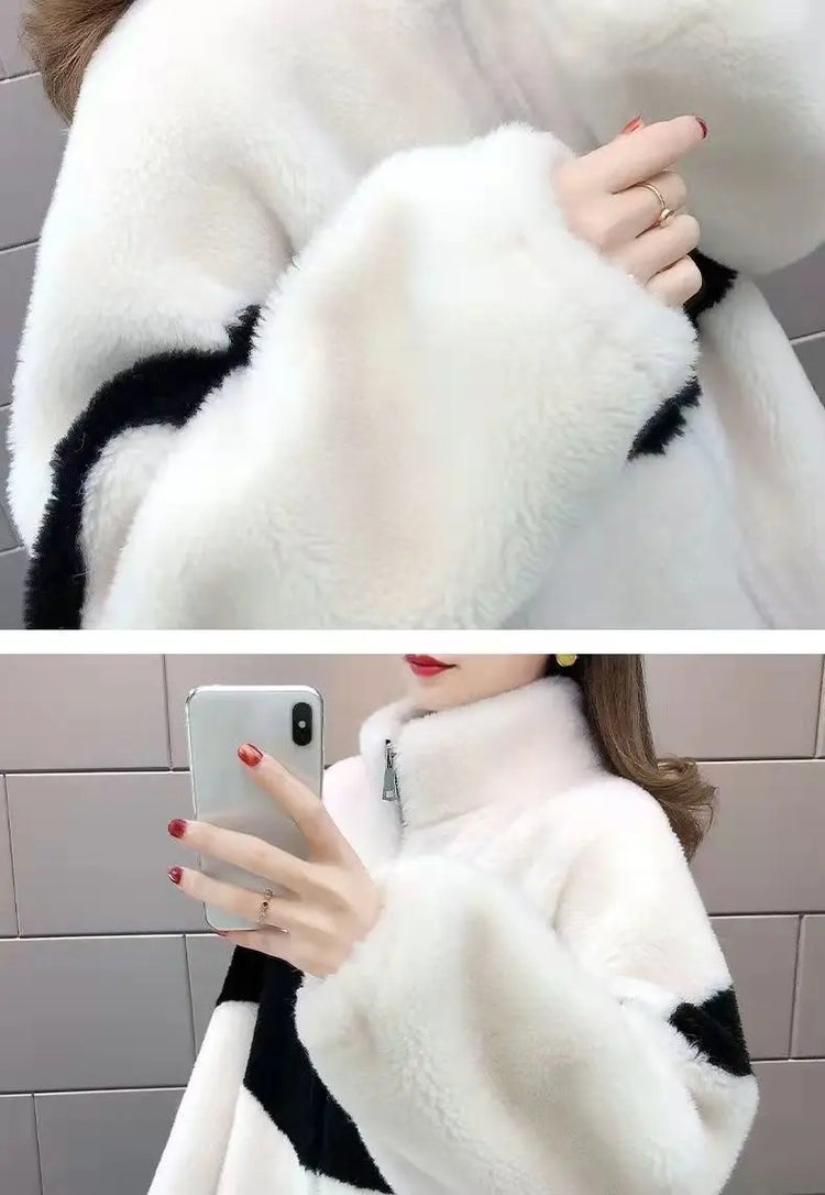 Warm Stand collar Faux fur Winter Jacket Female 2024 New Korean Loose Thick Lamb wool Coat Short Stitching Womens Parkas Outwear