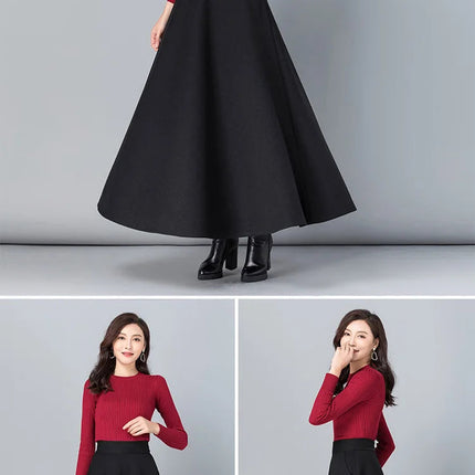 New Women Thick Woolen Skirt Autumn Winter Fashion Elastic High Waist A-Line Long Plaid Skirt Elegant Easy Match Wool Skirt PlatiNum
