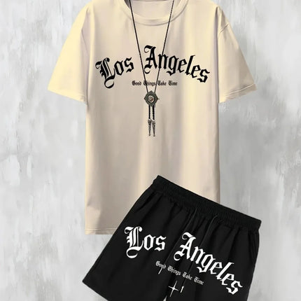 New Men's Casual Los Angeles Letter Print Comfortable and Breathable T-shirt Two-piece Outdoor Comfy Shorts Set