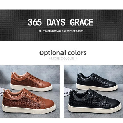 Men Low Top Leather Casual Shoes Lace-up Fashion Sneakers Black Embossed Plaid Upper Non Slip Flat Daily Wear Board Footwear