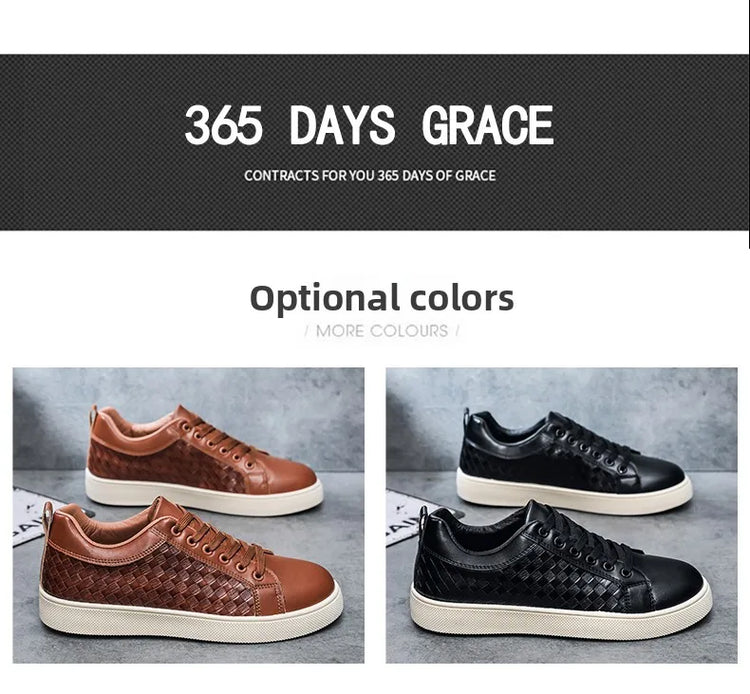 Men Low Top Leather Casual Shoes Lace-up Fashion Sneakers Black Embossed Plaid Upper Non Slip Flat Daily Wear Board Footwear