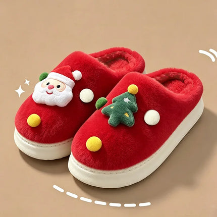 Christmas Plush Home Slippers Women Cute Cartoon Soft Sole Platform Cotton Slippers Couples Non Slip Warm Indoor Fur Slides