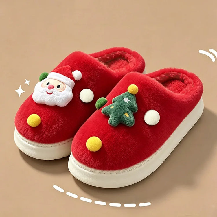 Christmas Plush Home Slippers Women Cute Cartoon Soft Sole Platform Cotton Slippers Couples Non Slip Warm Indoor Fur Slides