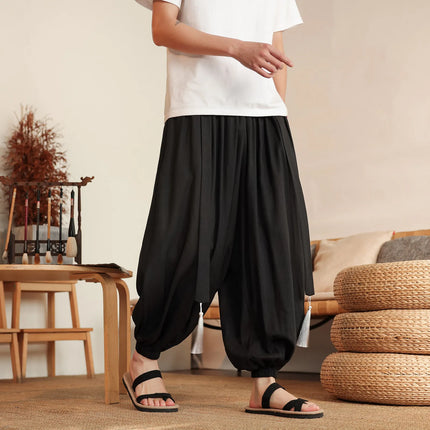 Pantaloni Stile Cinese da Uomo, Etnici in Lino a Gamba Larga, Design con Cavallo Morbido, Pantaloni da Ballo, Casual, Hanfu, Stile Lanterna, 8XL