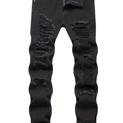 Single piece of trendy streetwear: straight-cut ripped denim jeans in black. PlatiNum