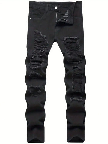 Single piece of trendy streetwear: straight-cut ripped denim jeans in black. PlatiNum