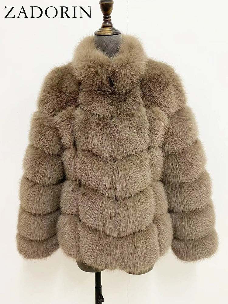 ZADORIN Winter Clothes For Women Stand Collar Splicing Long Sleeve Faux Fur Coat Women Black White Fluffy Jacket Faux Fur Coats