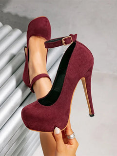 Big Size 36-47 Soft Flock Office Shoes Women Pumps 2026 Buckle Round Toe Super High Heels 14.5CM Sexy Platform Party Shoes Woman